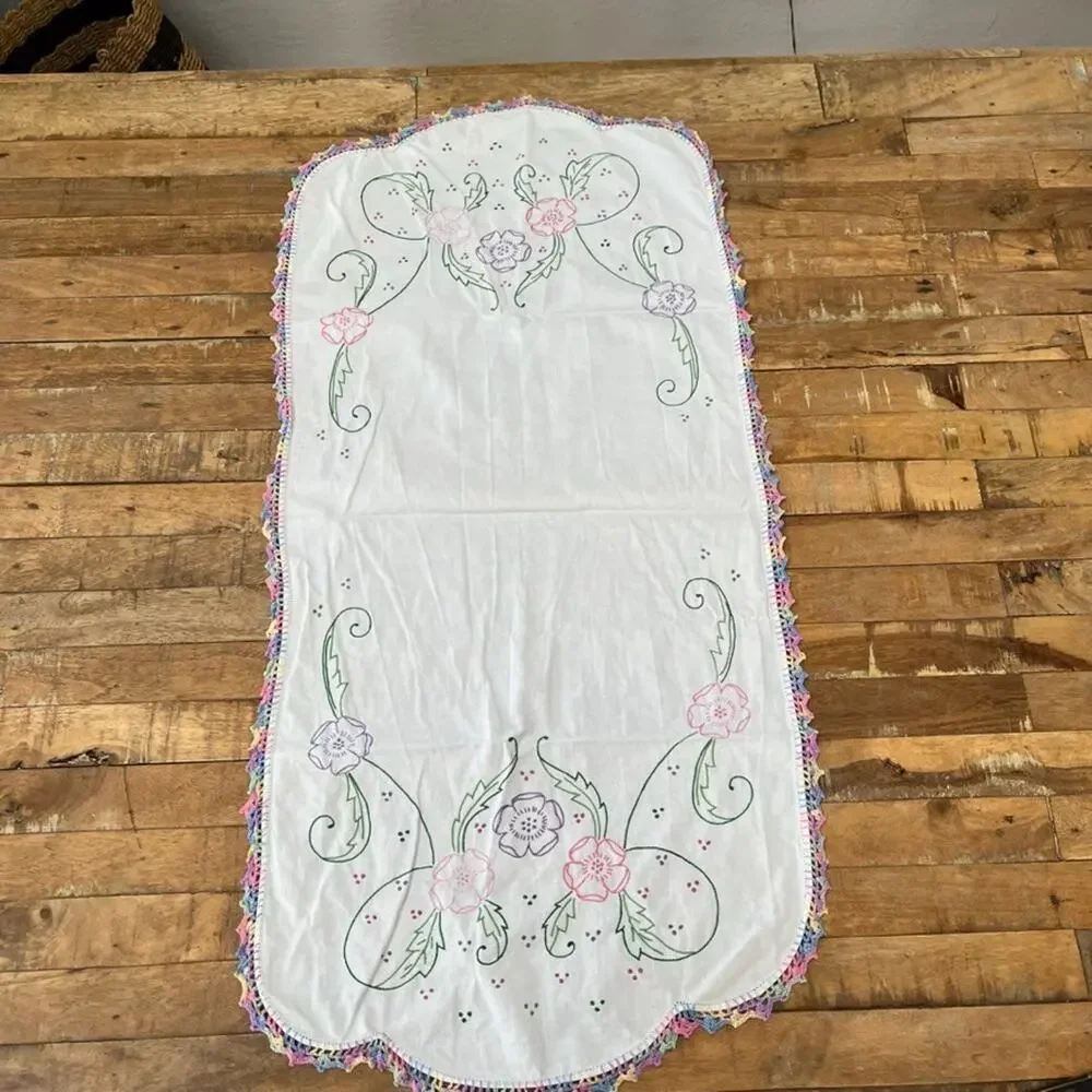Vintage Table Runner 17 x 35 in Floral Embroidery Colorful Border Pink & Purple